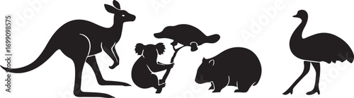 Australian Animal Silhouette Set Kangaroo Koala Wombat Emu vector illustration