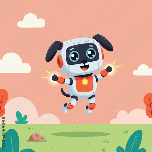 A cute cartoon robot dog with glowing hands in a park