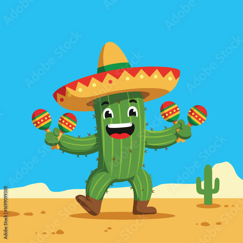 Cartoon cactus in sombrero shaking maracas in desert