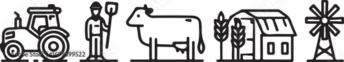 Farm Icons Set with Tractor Farmer Cow Barn and Windmill Keywords: farm, farming, agriculture, tractor, farmer, cow, barn, windmill, rural, country, livestock, harvest, grain, building, vehicle