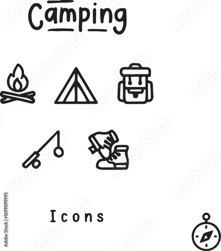 Hand- Drawn Silhouette Icons for Camping Including Campfire Tent Backpack Fishing Rod Boots and Compass