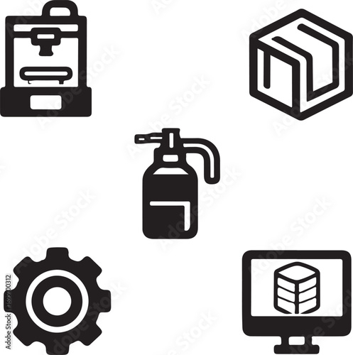 Icons Related to 3D Printing and Manufacturing on a White Background 3D printer spray bottle