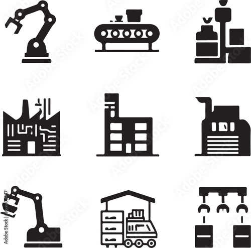 Industrial Icons Set Robotic Arm Conveyor Belt Factory Warehouse Keywords: industrial, factory, manufacturing, automation, robot, robotic arm, conveyor belt, warehouse, production, industry