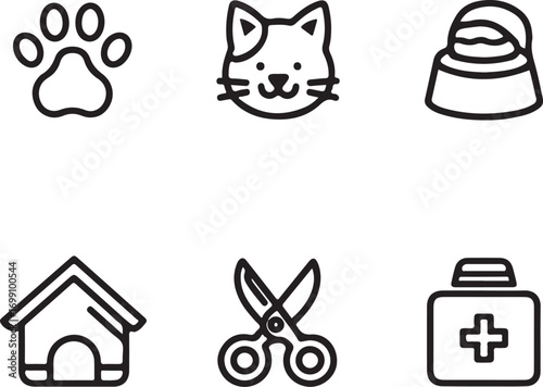 Pet Care Icons with Paw Cat Bowl Dog House Scissors and First Aid Kit Keywords: pet, animal, care, paw, cat, kitten, food bowl, dog house, kennel, scissors, grooming, first aid kit, medical