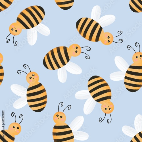 Cute bee doodle pattern background. Hand-drawn seamless bee design with smiling faces and soft pastel blue background. Playful honeybee pattern for kids' fabric, wallpaper, and nursery decor.