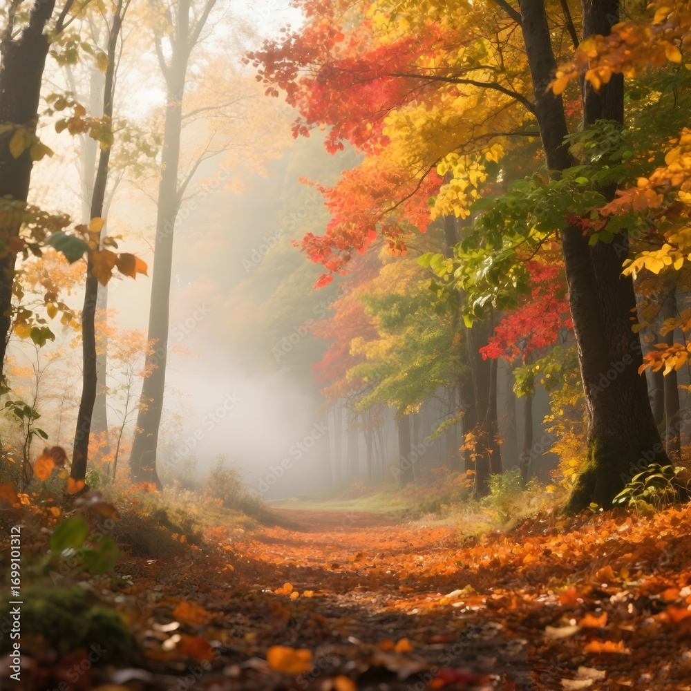 Fototapeta premium Misty Autumn Morning Path with Colorful Trees in a Forest