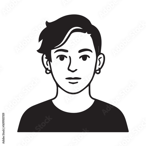 Black and white vector drawing of a short-haired woman’s portrait, highlighted with bold outlines, ideal for logos, tattoos, posters, or artistic design projects.