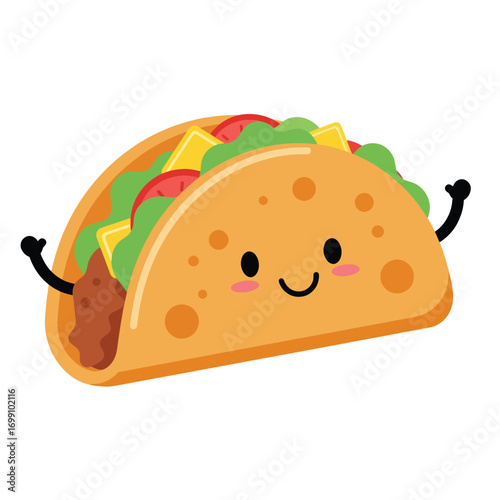 A cartoon taco with a smiling face and arms raised