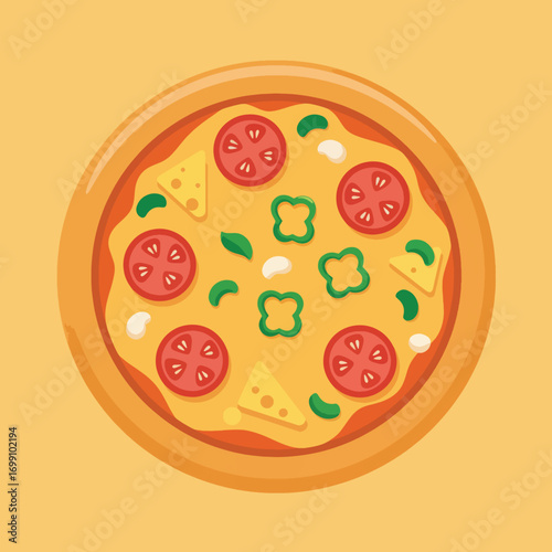 A flat illustration of a round pizza with toppings on a yellow background