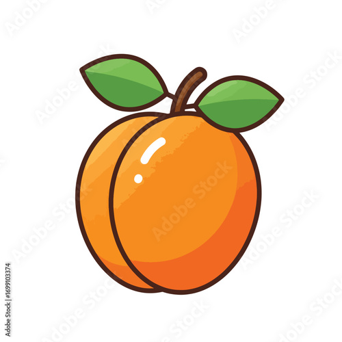 A stylized cartoon apricot with green leaves and a brown stem
