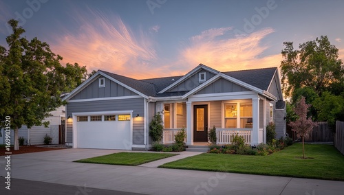 Charming gray home at sunset.  Front view.  Modern style