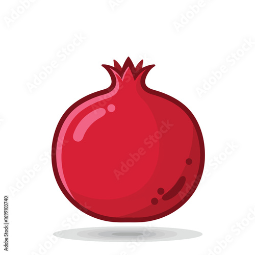 A stylized red pomegranate with a crownlike top and a shadow