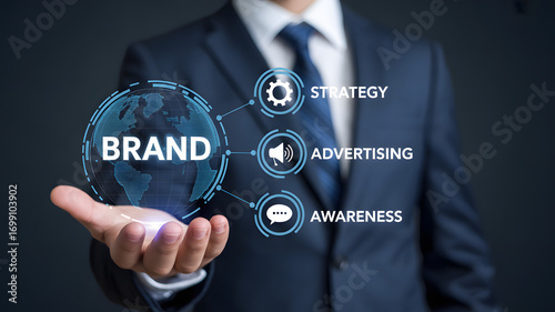 Businessman presenting brand strategy, advertising, and awareness concepts with globe