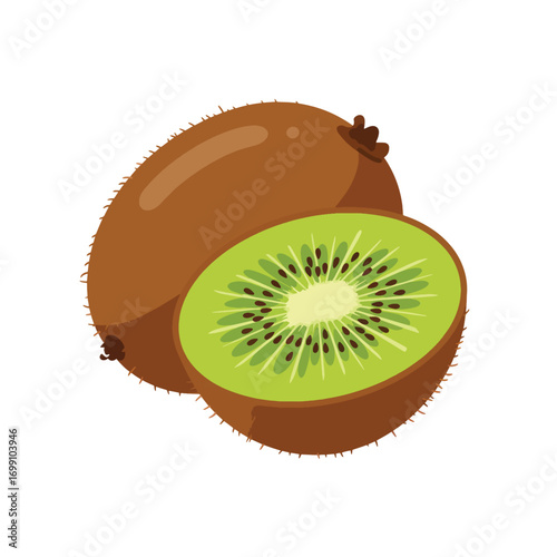 A whole and a half kiwi fruit one cut in half showing seeds