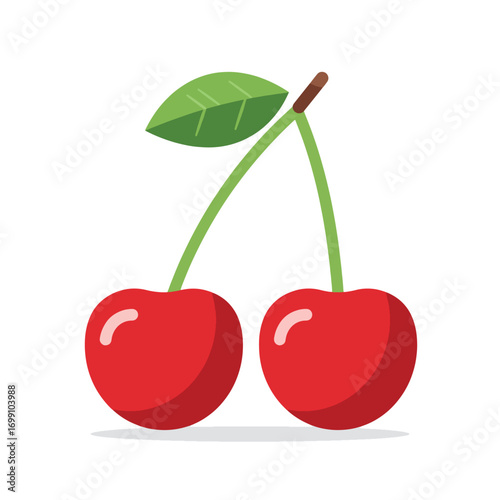 Two ripe cherries with a stem and a leaf
