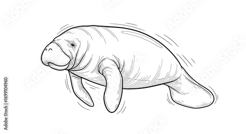 Gentle Manatee Swimming: Black and White Line Art Illustration