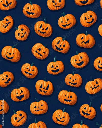 Halloween pumpkin pattern on navy.  Many small, orange pumpkins with carved jack-o'-lantern faces are arranged in a repeating pattern on a dark navy blue background