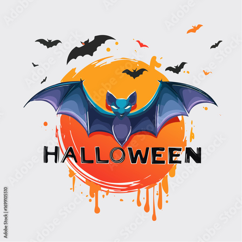 Colorful Halloween illustration featuring a large bat with outstretched wings, surrounded by smaller bats and a vibrant orange circle, creating a festive atmosphere for the holiday