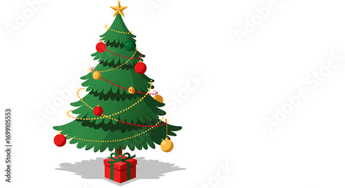 Festive Christmas Tree with Ornaments and Gifts.