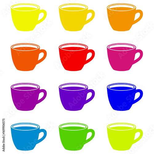 A collection of colorful coffee and tea cups, perfect for beverage designs.