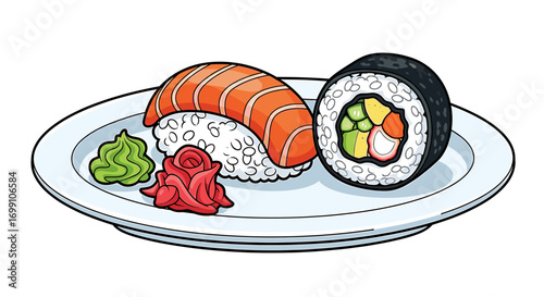 Sushi Platter with Nigiri, Maki Roll, Wasabi and Ginger
