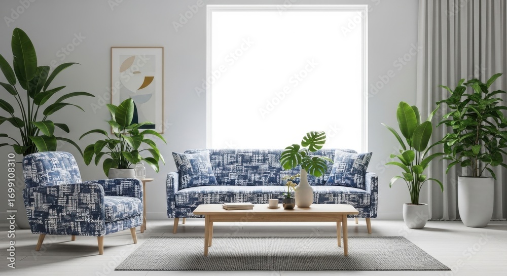 Fototapeta premium Sunlit interior design featuring patterned sofa and armchair with plant life