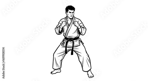 Intense karate fighter in traditional stance with focused expression