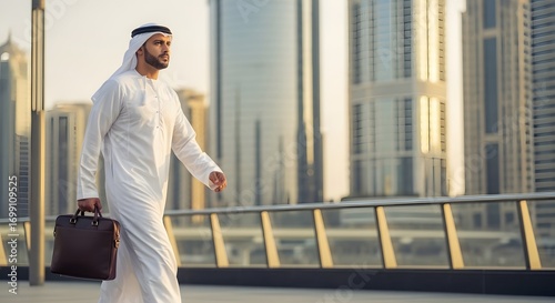 Arab Businessman Walking in City with Briefcase