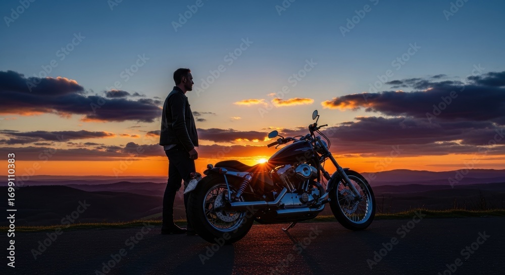 Obraz premium Contemplative Rider Stands Beside Motorcycle at Dusk, Embracing Freedom
