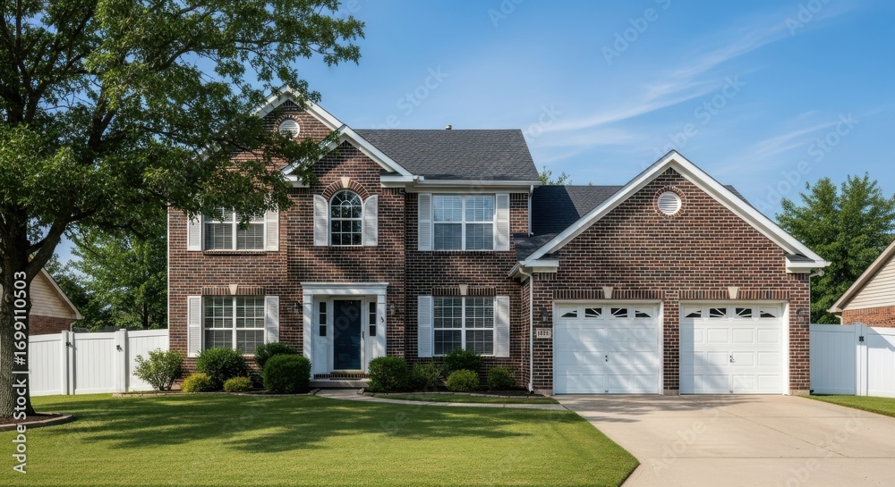 Fototapeta premium Inviting two-story brick home featuring a manicured lawn and attached garage