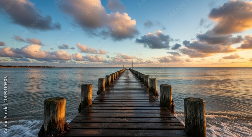 Fototapeta premium Wooden Pier Stretching Into the Sea at Sunset with Dramatic Cloudscape