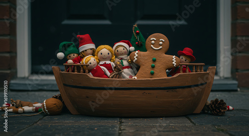 A festive collection of Christmas characters in a wooden bowl.