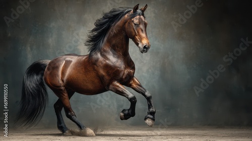 Majestic brown horse in mid-gallop captured in an artistic indoor setting