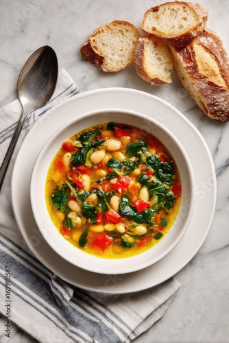 Creamy white bean and spinach soup, garnished with bread slices, in a white bowl