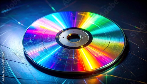 A vibrant, colorful disc displays a spectrum of light reflecting off its surface, with a dark background enhancing the visual impact.