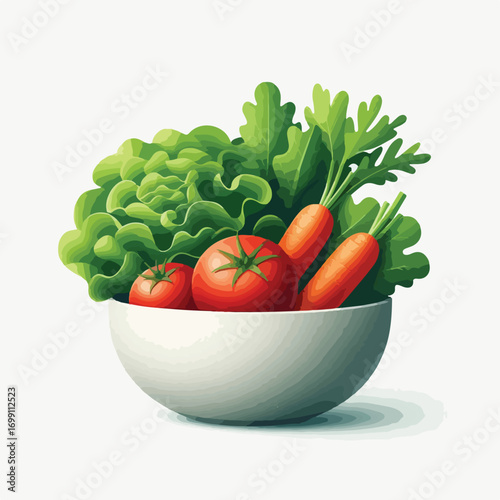 A bowl of fresh vegetables with a simple and minimalist flat design using a white background