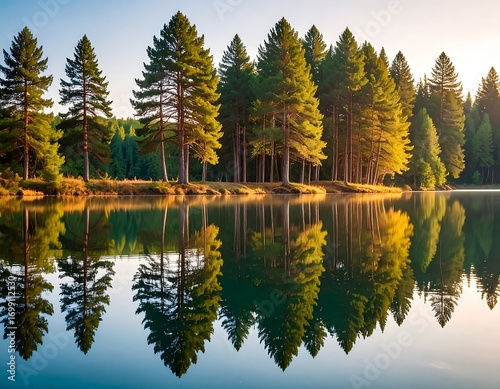 Tranquil lake reflecting a line of pines at dawn