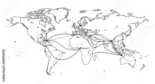World Map Depicting Interconnected Shipping Routes for Global Trade