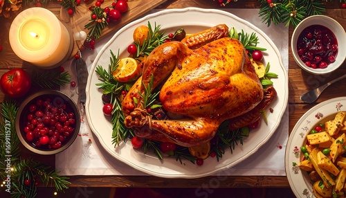A roasted turkey, garnished with fresh herbs and citrus fruits, is the centerpiece of a festive Christmas meal.
