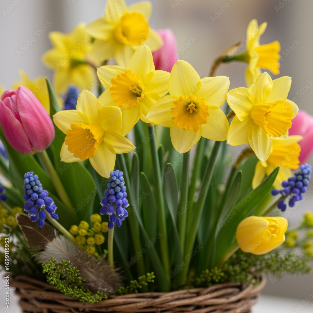 Obraz premium Yellow and Pink Spring Flowers in a Basket