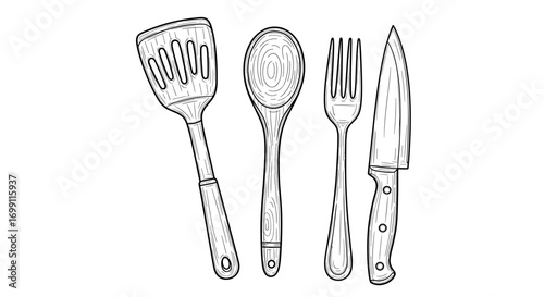 Hand-Drawn Kitchen Utensils: Spatula, Spoon, Fork, and Knife Illustration