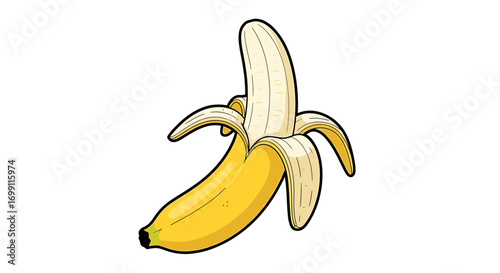 Cartoon Banana Partially Peeled, Isolated on a White Background.