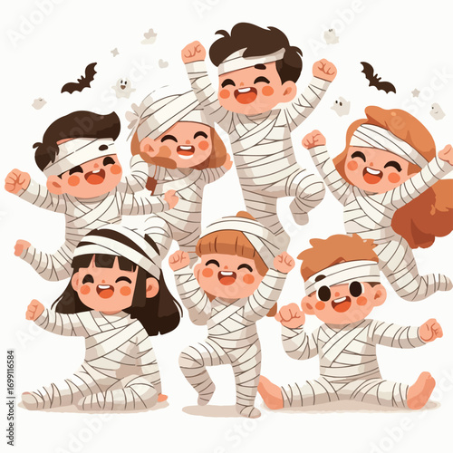 Children wearing mummy costumes with white bandages with a simple and minimalist flat design using a white background