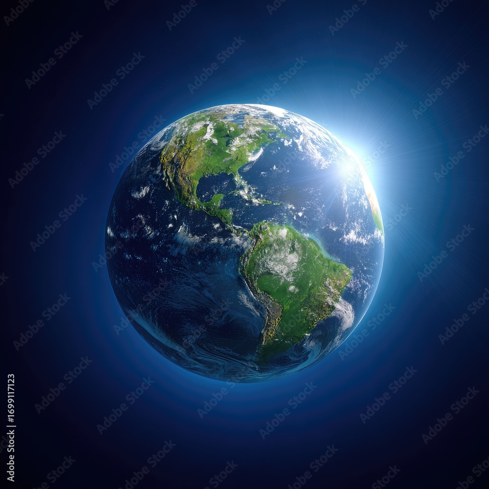 Fototapeta premium A detailed, vibrant depiction of Earth, highlighted by a brilliant celestial glow, showcasing the continents and vast oceans from space.