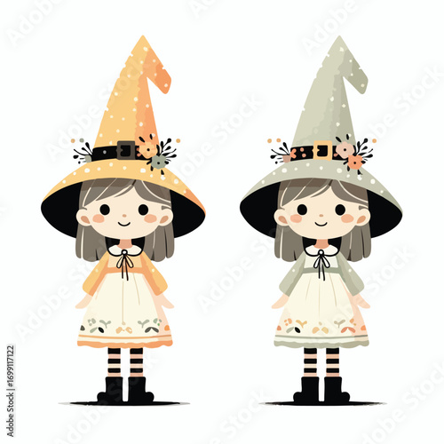 A small child wearing a witch costume with a simple and minimalist flat design using a white background.
