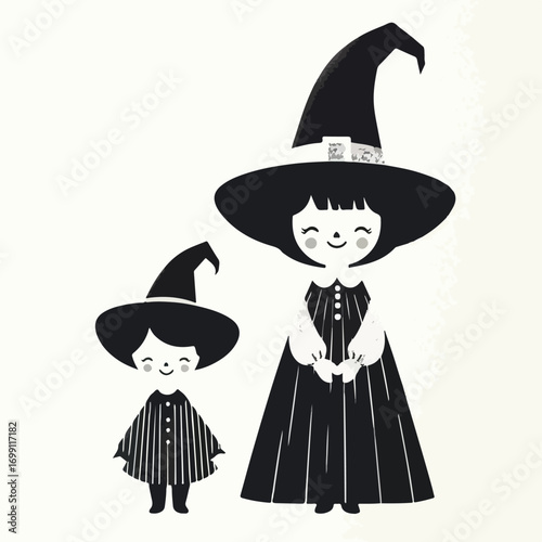 A small child wearing a witch costume with a simple and minimalist flat design using a white background.
