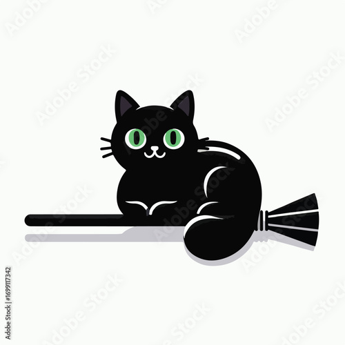 Black cat sitting on a broom with a simple and minimalist flat design using a white background