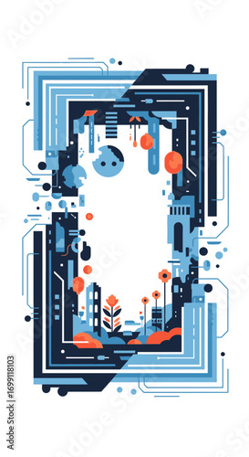 Abstract Futuristic Cityscape with Geometric Shapes and Circuitry Elements, Blue and Orange Palette