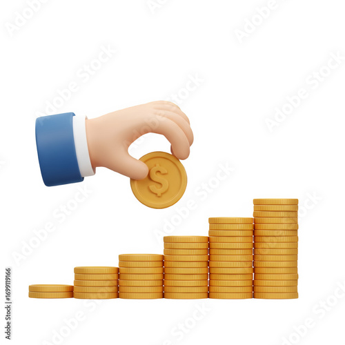 3D Coin Growth Icon for finance, investment, savings, wealth accumulation, financial success and prosperity, Transparent Background
