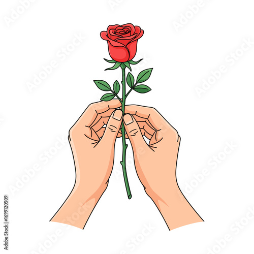 A gentle gesture of affection and love, two hands carefully holding a beautiful single red rose as a romantic gift